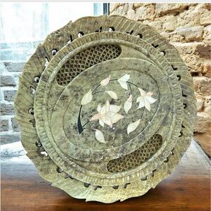 Vintage Reticulated Soapstone with Pink Inlay Mother of Pearl Floral Pattern Pla